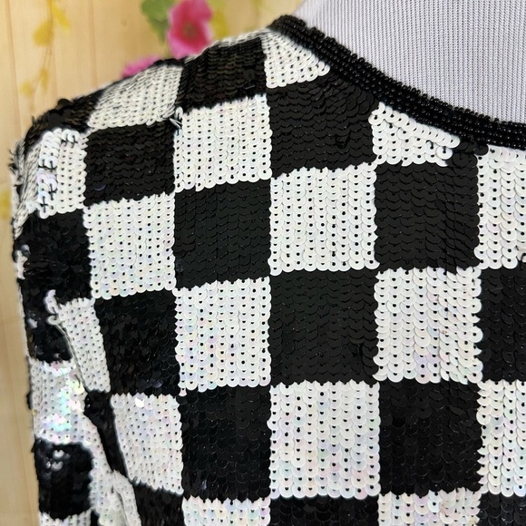 VINTAGE Black and White Checkered Silk Top Size L - Picture 4 of 12